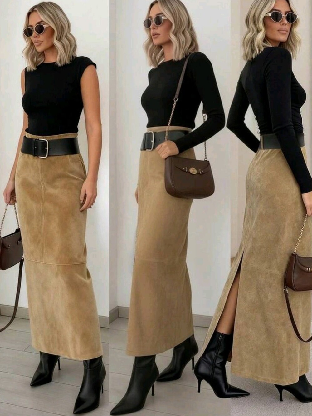 Split Maxi Skirt With Black Belt, Casual Chic Skirt